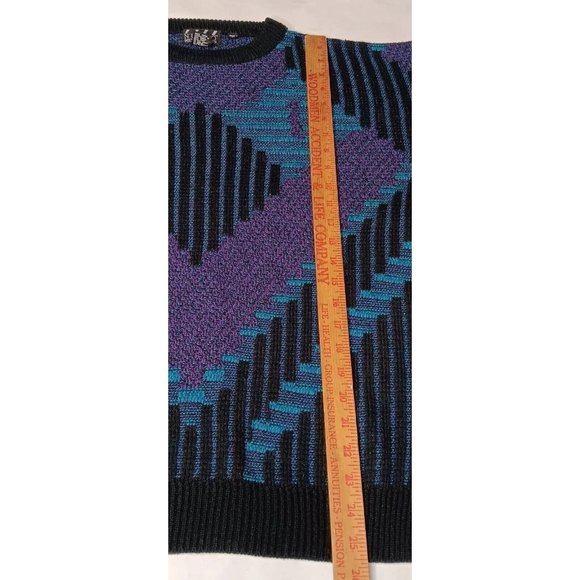 Vintage 90s Nuovo New Forces Large Sweater 3D Look Blue Black Purple Geometric - Picture 7 of 13